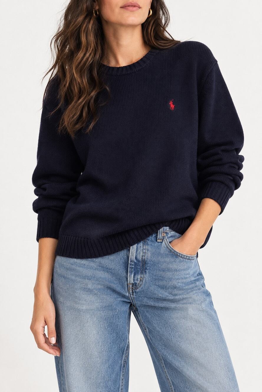 VTG Polo Ralph Lauren Navy Cotton Crewneck Sweater Red Pony Men’s M Hong Kong